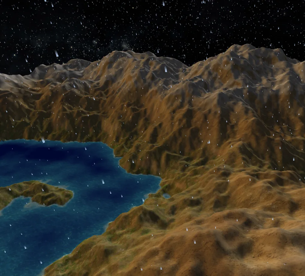 Perlin-noise terrain with a lake, height-blended textures and falling rain particles