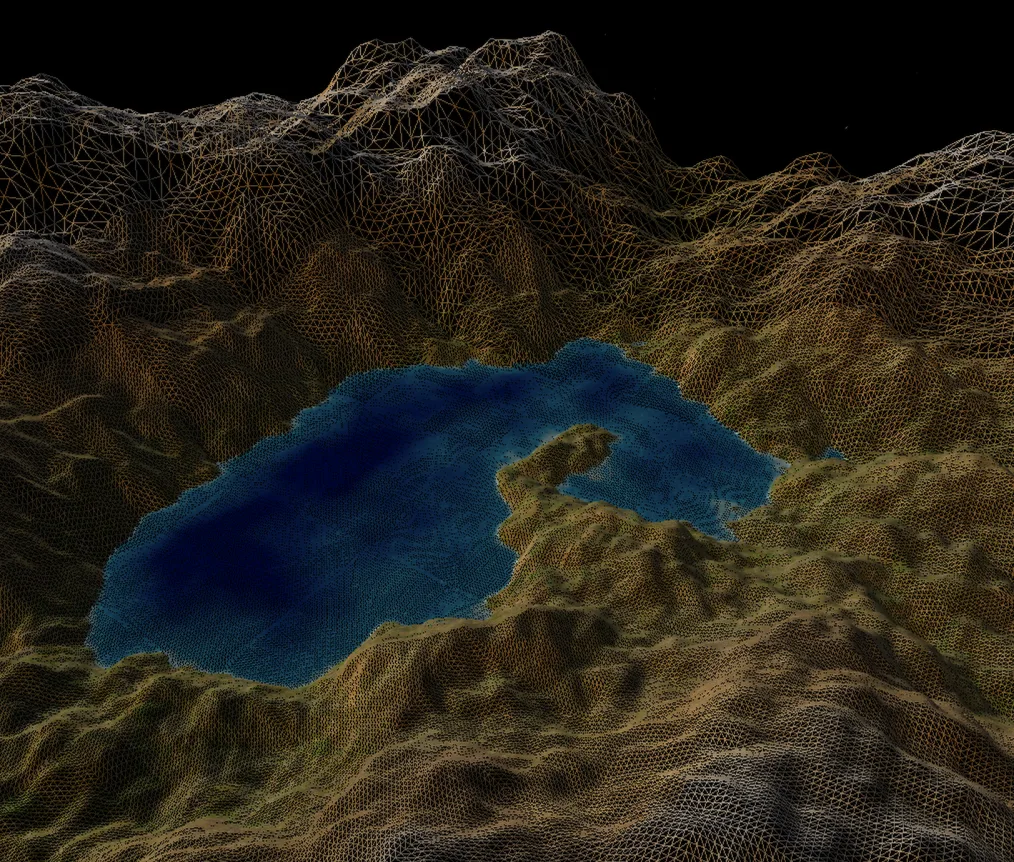 Wireframe view showing tessellation density decreasing with distance from the camera
