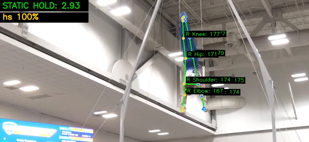 Pose-estimation overlay on a detected handstand hold