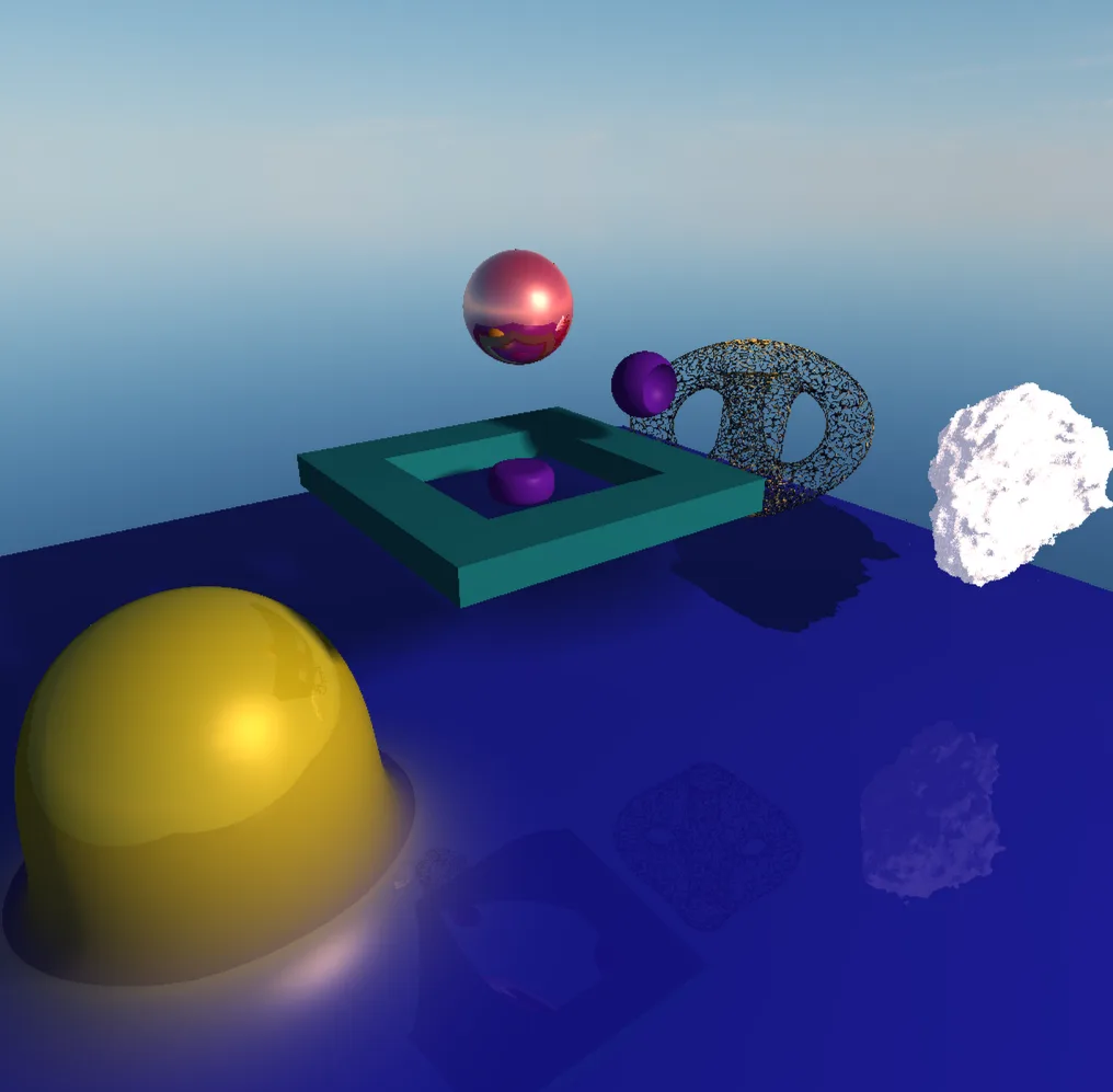 Ray-marched scene with reflective spheres, a box frame, a gold-edged fractal and a volumetric cloud